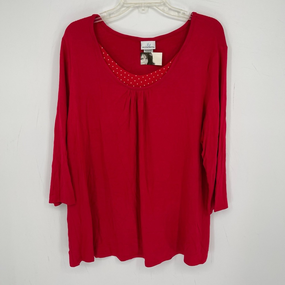 Jaclyn Smith NWT Women's Red Polka Dot Trim 3/4 Sleeve Knit Top Plus Size 1X